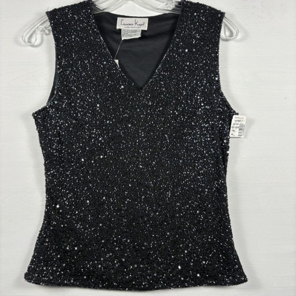 Laurence Kazar  Vintage Black Sequin Short Sleeveless Blouse Party Medium - Picture 2 of 11